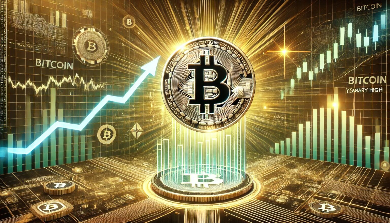 Bitcoin Hits Annual Peak Again; Eyes All-Time Record for Next Week Bitcoin Hits Annual Peak Again Eyes All Time Record for Next.51 A professional horizontal digital artwork designed for an article about B