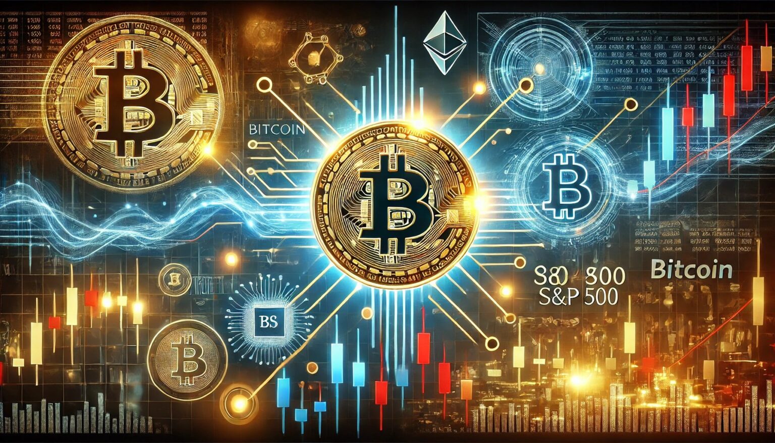 Analyst Predicts Bitcoins Next Drop Spots 80 SP500 Correlation.26 A professional horizontal digital artwork for an article about Bitcoin ma