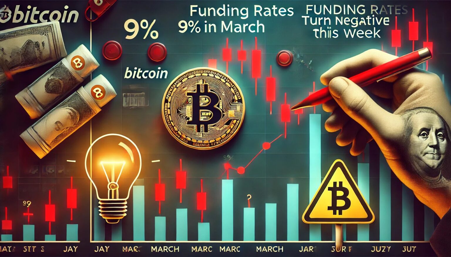 March Sees Bitcoin Funding Rates Drop 9 Is a.00 A financial themed image illustrating Bitcoin BTC funding rates declining