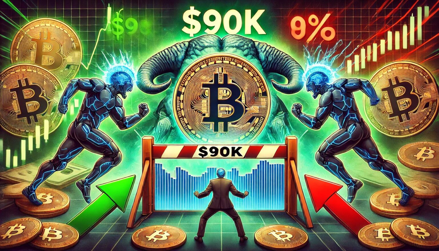 Markets Pulse Tied to 90K Bitcoin Mark A Crucial Level.17 A financial themed image illustrating 90K as a key psychological battlegr