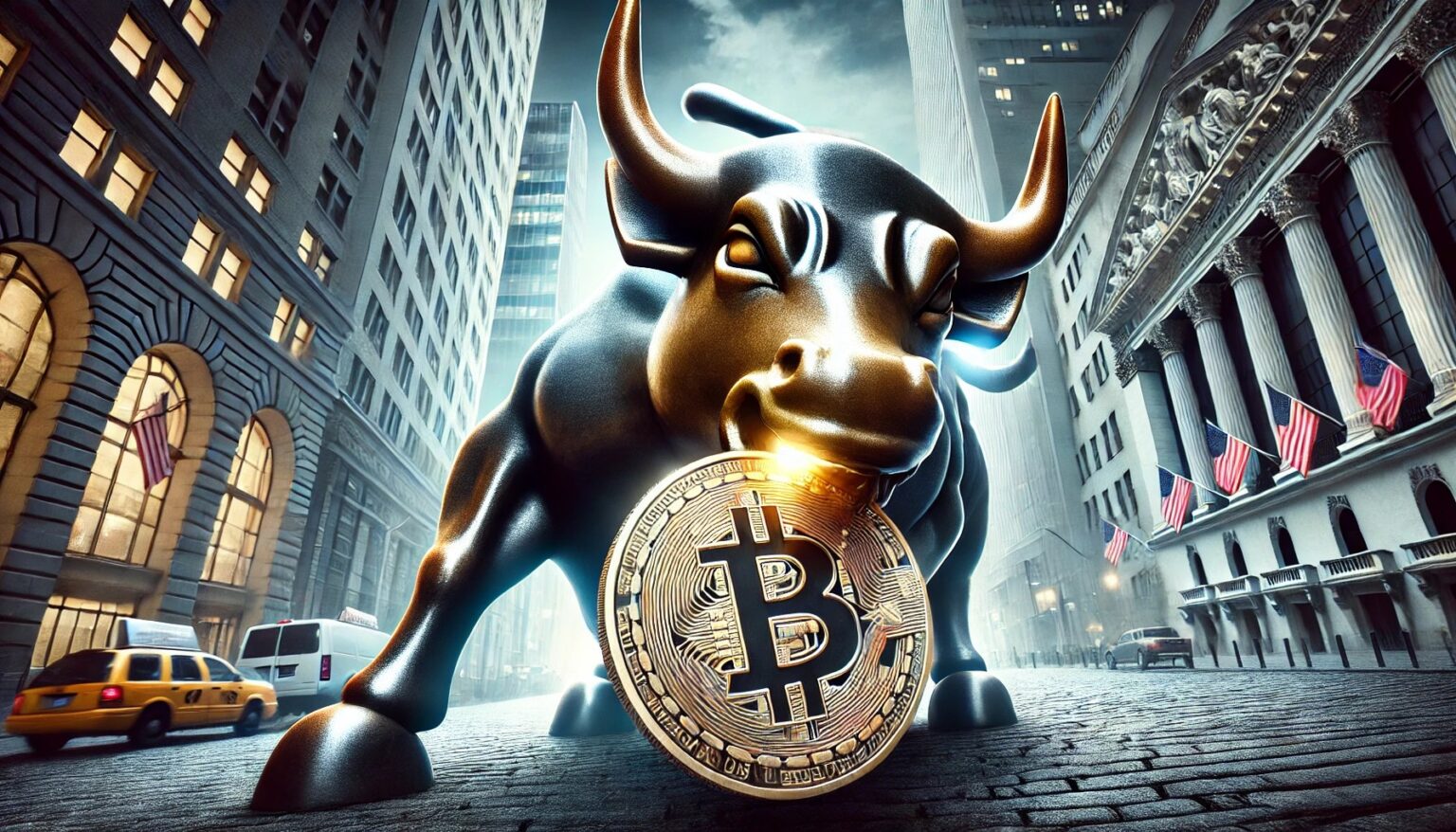 Massive Surge Ahead Fueled by Wall Street Wirehouses.02 A dramatic wide angle digital painting of the iconic Wall Street bull in