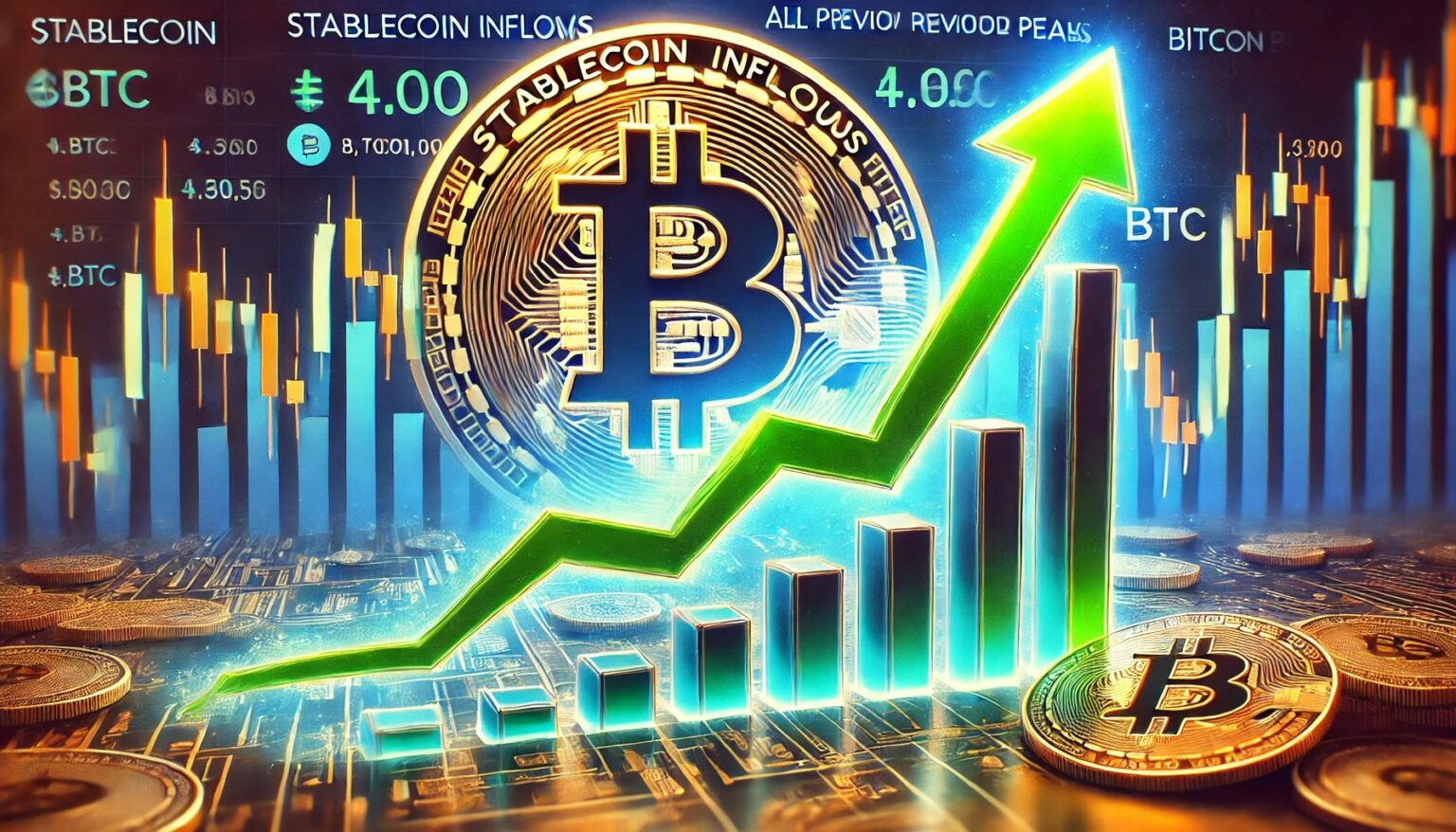 Stablecoin Inflows Shatter Records Major Bitcoin Move Ahead.56 A financial themed image illustrating stablecoin inflows surpassing all p