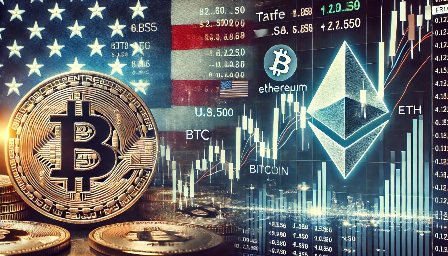 US Stocks, Bitcoin & Ethereum Mirror Each Other Amid Market Tariff Worries US Stocks Bitcoin Ethereum Mirror Each Other Amid Market.13 A financial themed image illustrating Bitcoin BTC and Ethereum ETH moving