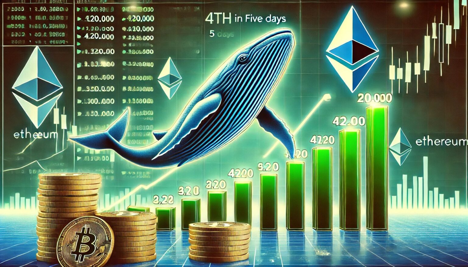 Whales Hoard 420000 Ethereum in 5 Days Is a Price.43 A financial themed image illustrating whales accumulating over 420000 Eth