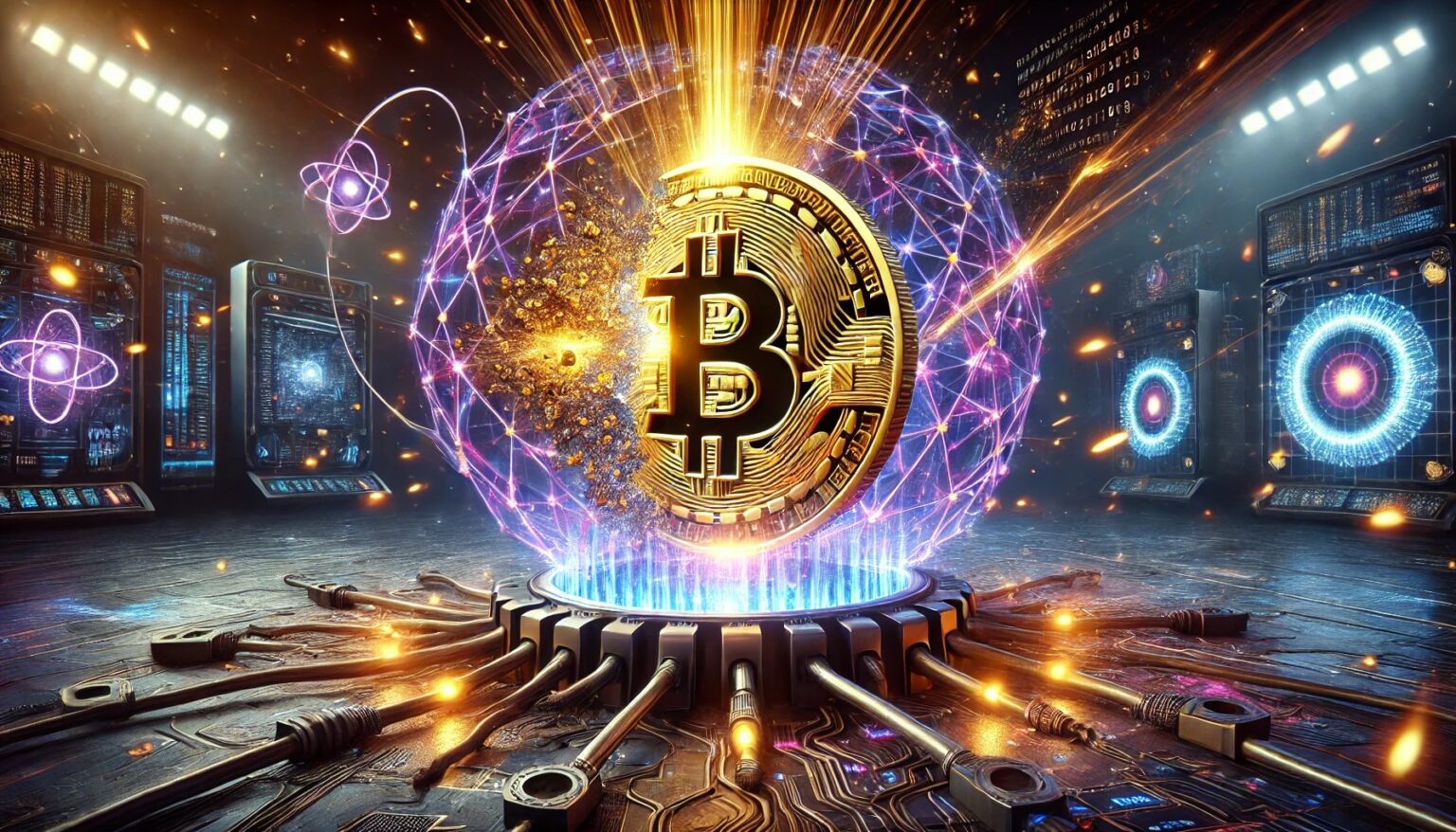 Break Toy Version and Win 1 Bitcoin A Quantum Challenge.22 A dramatic wide format digital illustration showing a large golden Bitcoi