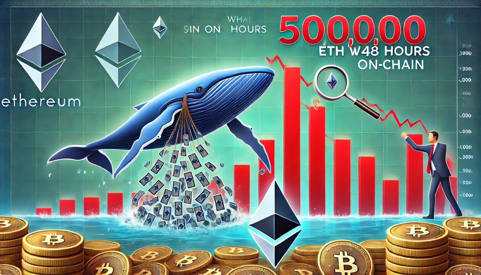 Ethereum Whales Offload 500000 ETH Within Two Days.39 A financial themed image illustrating Ethereum ETH whales dumping 500000
