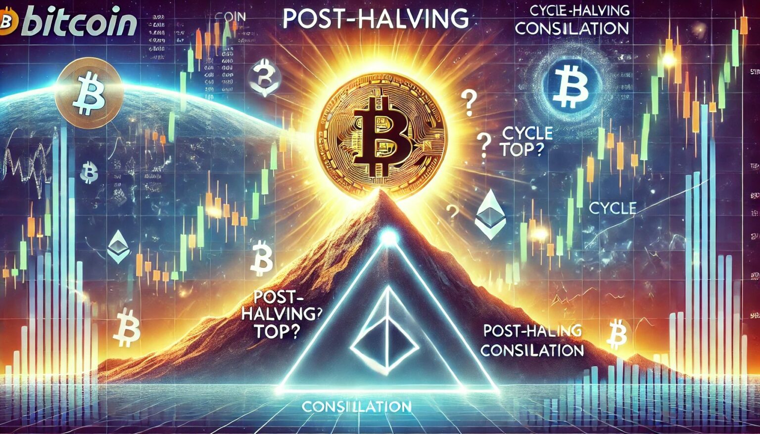Bitcoin Approaches Post Halving Breakout Peak Ahead.06 A wide digital illustration symbolizing Bitcoin nearing the end of its po