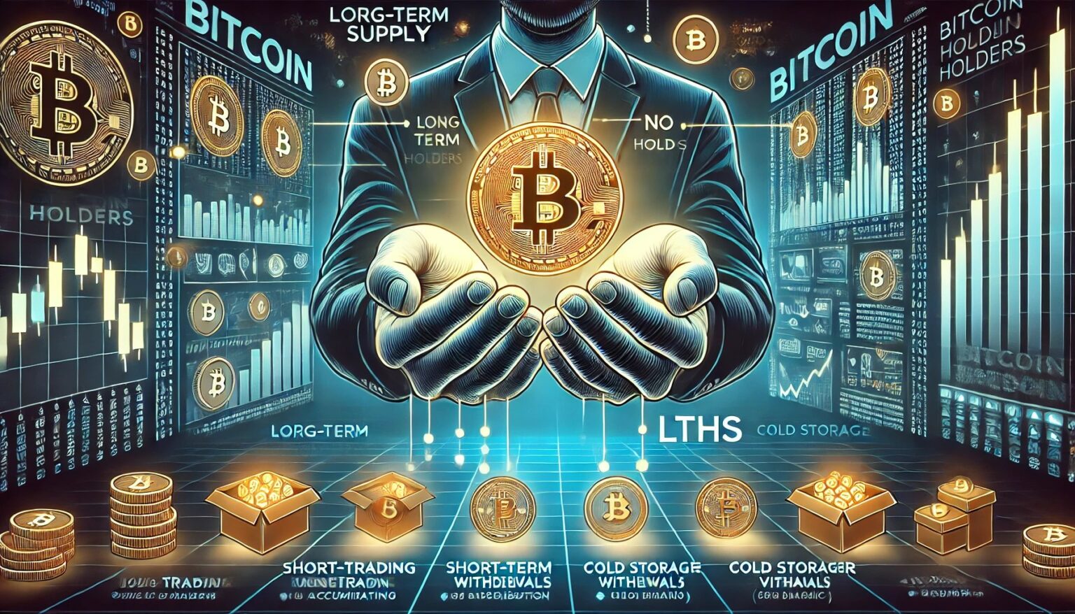 Bitcoin Supply Tightens as Savvy Holders Stay Firm.32 A wide digital illustration representing Bitcoin supply concentrating in