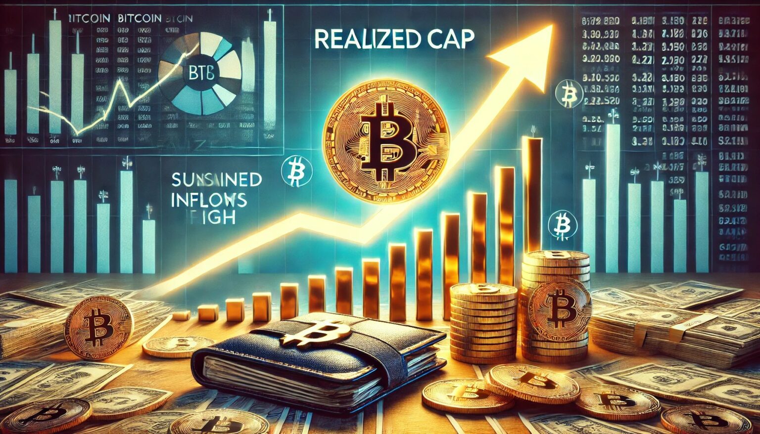 Bitcoins Realized Cap Peaks Inflows Hint at Bullish Trend.43 A financial themed image showing Bitcoin BTC realized cap reaching a new