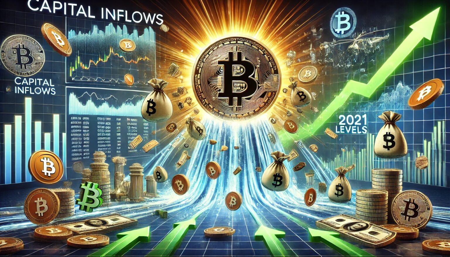 New Capital Floods Bitcoin Echoing 2021 Bull Market Inflows.08 A wide digital illustration showing fresh capital flowing into Bitcoin ma