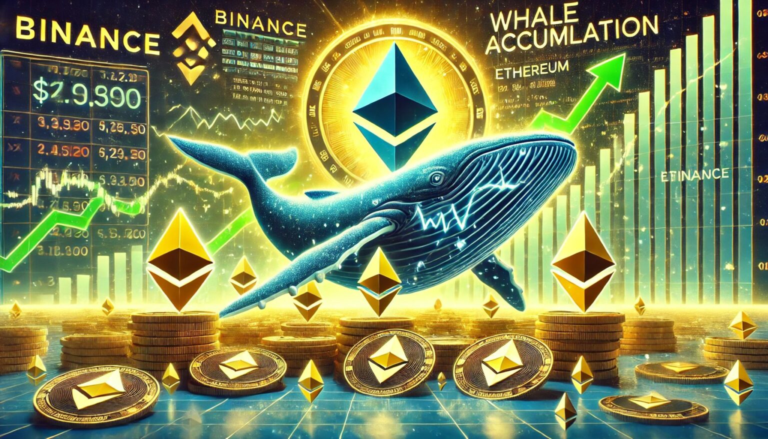 Binance Whales Increase Ethereum Holdings A Historic Trend.50 A wide digital illustration showing Binance whales accumulating Ethereum