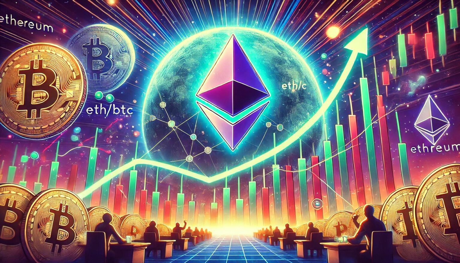 Ethereum Gears Up for Surge: ETH/BTC Chart Shows Bullish Trend Ethereum Gears Up for Surge ETHBTC Chart Shows Bullish Trend.41 A wide digital illustration showing Ethereum preparing for a parabolic mo