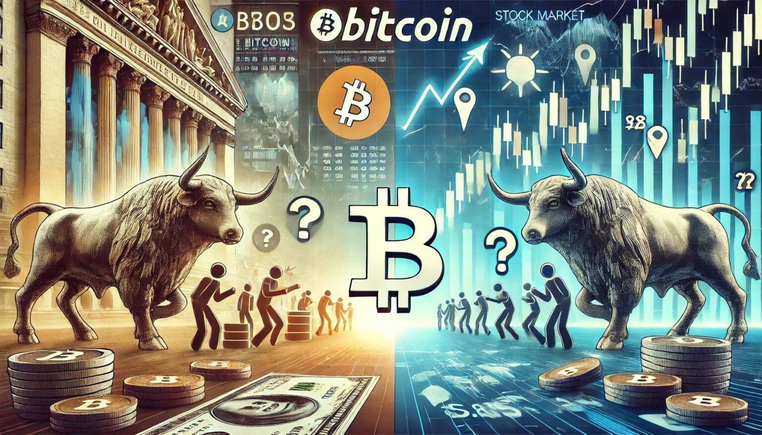 Is Bitcoins Two Week Retreat a Brief Lull or Trend Change.57 A wide digital illustration comparing Bitcoin lagging behind stock market