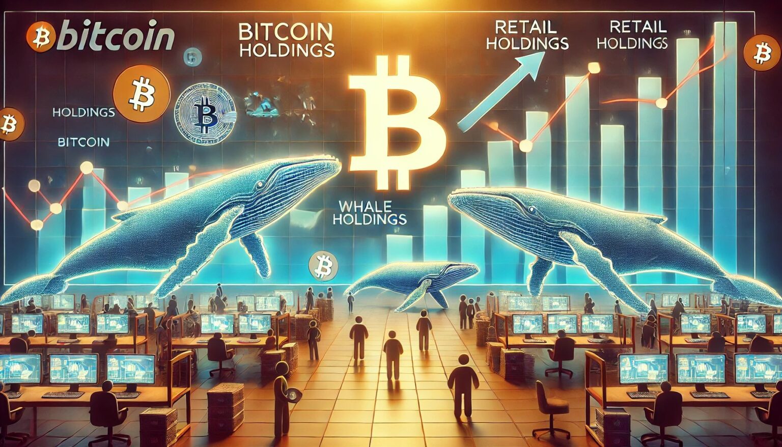 Whales vs Retail Bitcoin Indicator Highlights Divergence.58 A wide digital illustration showing a growing divergence between Bitcoin
