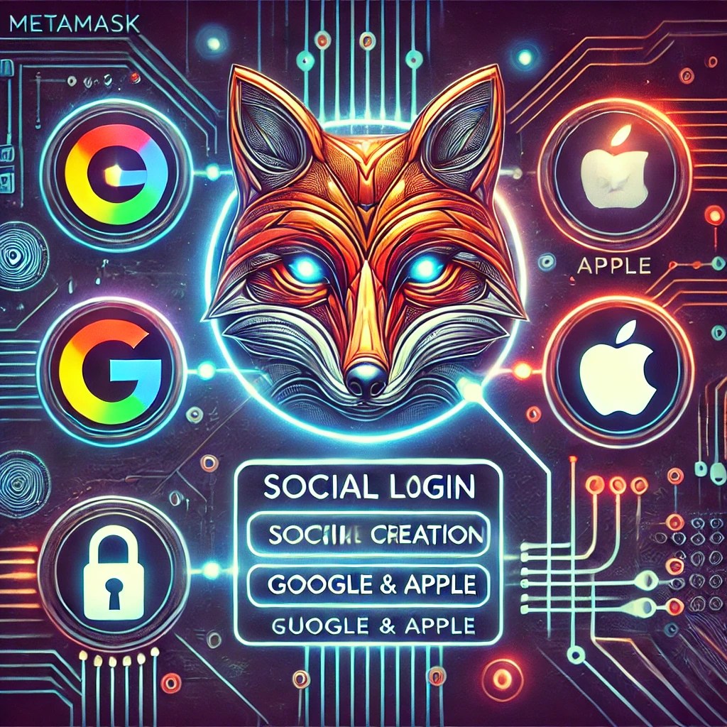 MetaMask Launches Social Login via Google & Apple MetaMask Launches Social Login via Google Apple.42 A creative and conceptual illustration representing MetaMask introducing