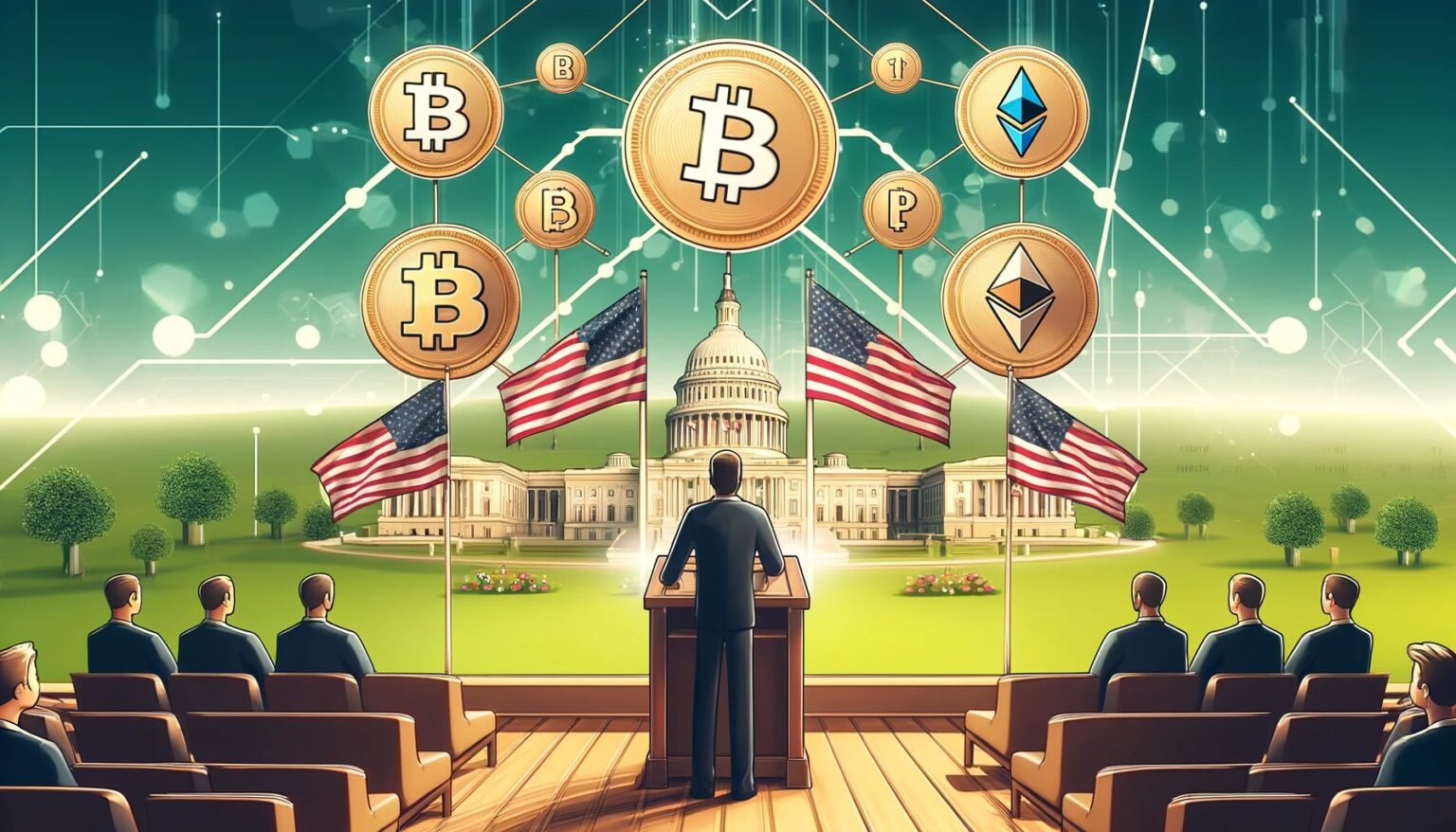 Ripple Settlement Spurs SECs Next Move in Crypto Regulation.12 A landscape image illustrating the intersection of cryptocurrency and pol